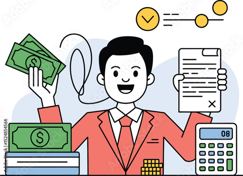 Businessman with money calculator and document managing finance illustration