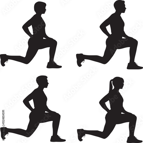 Four silhouettes of people performing lunges in a grid pattern against a white background