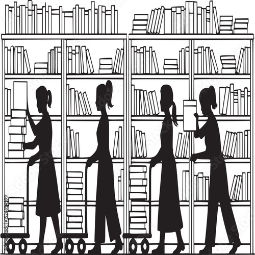 Silhouettes of women moving books on carts in front of bookshelves in a library setting image
