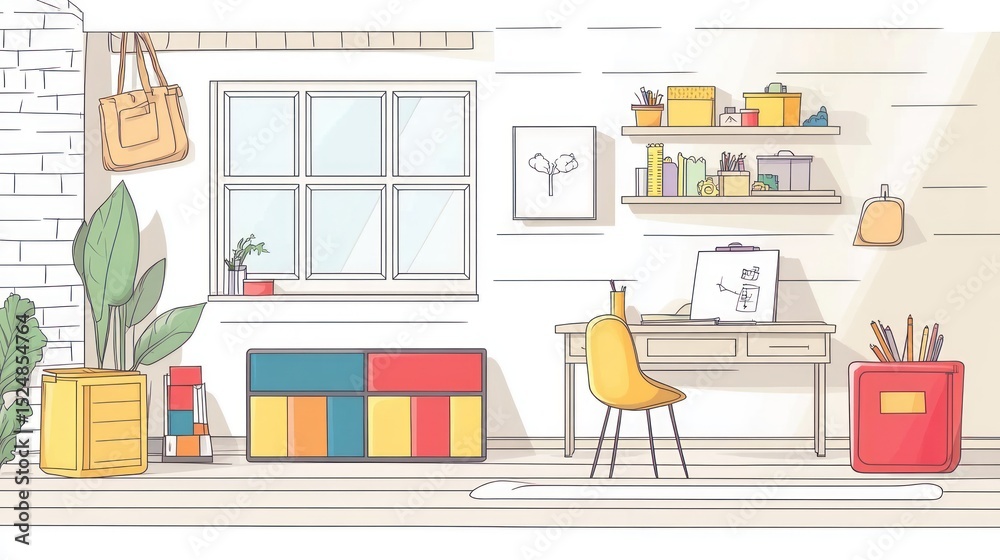 Fototapeta premium Light-filled, minimalist study or art studio, with simple furniture and decor