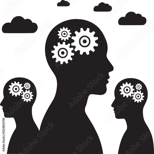 Three black silhouette heads with gears inside and clouds floating above on a white background