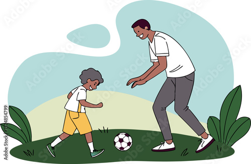 Father and son playing soccer ball on a green grass field for fun family sport,