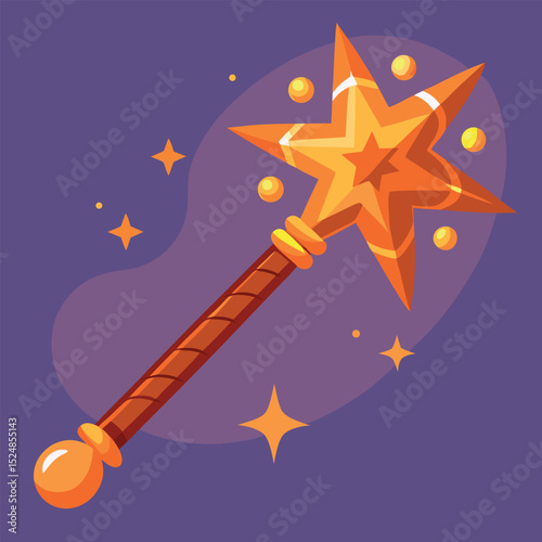 Golden StarTopped Wand with Celestial Orbs Floating Against a Purple Backdrop Image