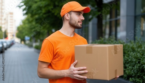Courier walking on a sidewalk with a package, friendly delivery man in an orange uniform working in the city.