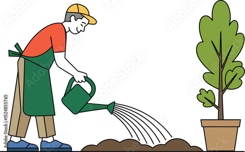 Gardener watering soil with watering can next to potted tree illustration