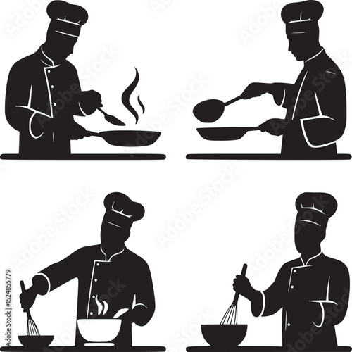 Four black and white silhouette illustrations of chefs cooking with different kitchen utensils