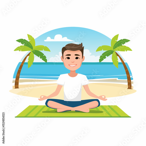 Cute Man Doing Yoga at Beach in Meditation