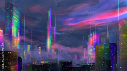 Futuristic Neon Lit Cityscape with Towering Skyscrapers