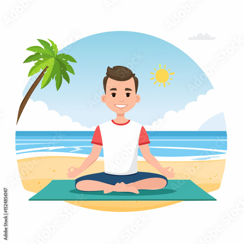 Cute Man Doing Yoga at Beach in Meditation