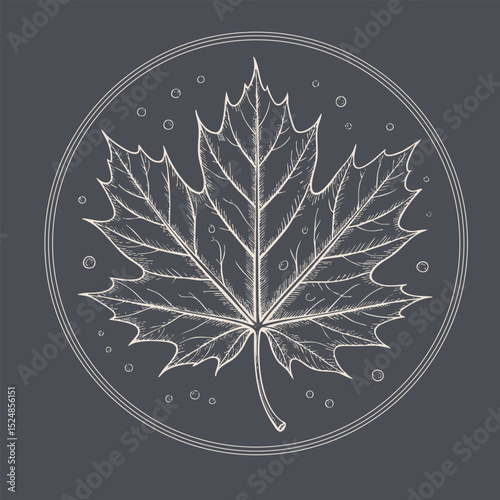 Detailed illustration of leaf, featuring intricate lines and patterns, set against dark background with circular elements. design evokes sense