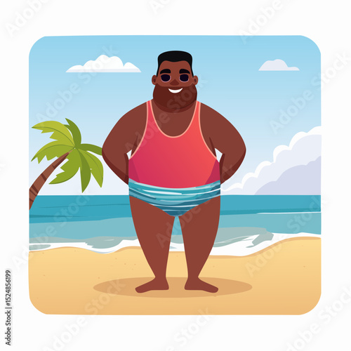 Obese Body Positive Gay Man in Swimsuit at Beach