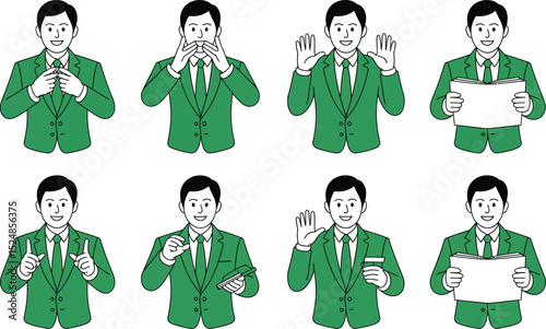 Businessman in various gestures holding objects illustration set
