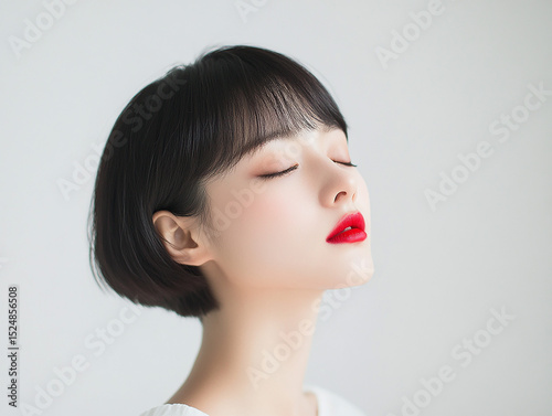 ショートヘアの女性が目を閉じて美しさを表現するシンプルなビューティーポートレート