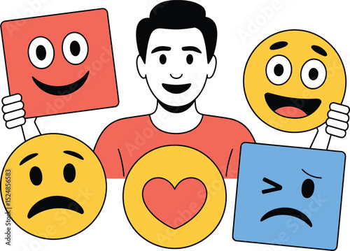 Man surrounded by diverse emoticons expressing emotions love joy sadness anger