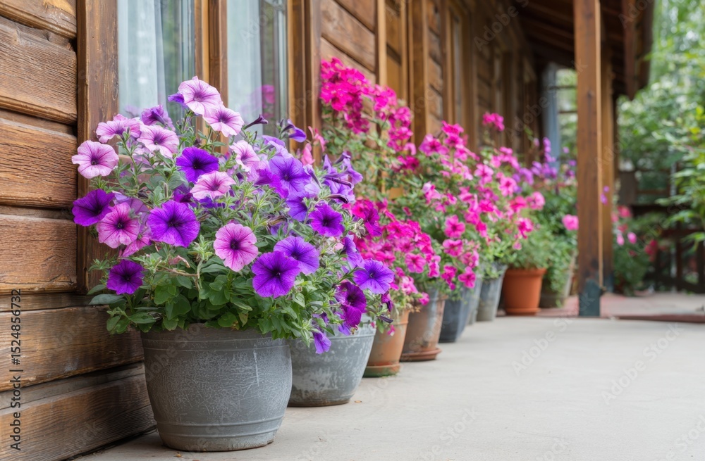 Fototapeta premium Petunias in pots outside house