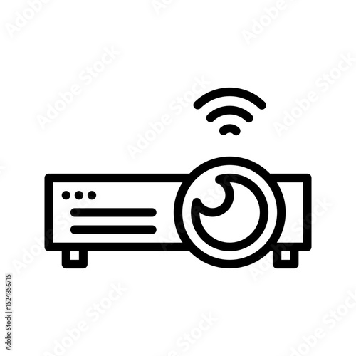 A modern, minimalist black outline projector icon with signal waves. Represents smart entertainment, home theater, and connected media devices. Ideal for multimedia apps/websites.