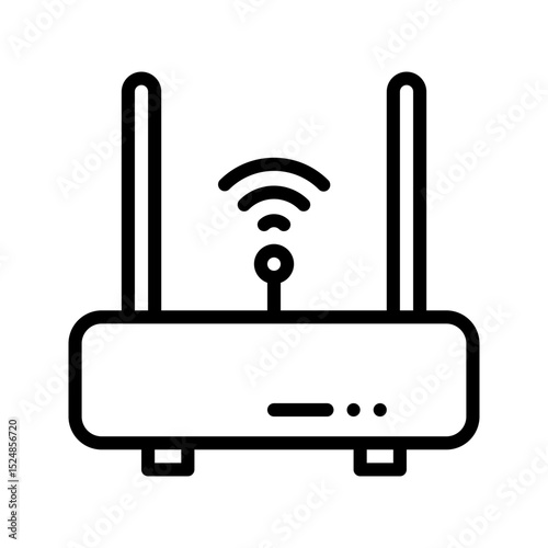 A modern, minimalist black outline router icon with signal waves. Represents wireless networks, internet access, and smart home connectivity. Ideal for tech apps/websites.