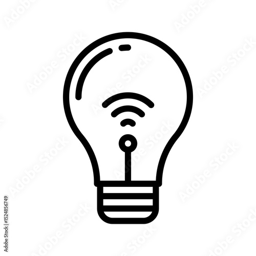 A modern, minimalist black outline smart bulb icon with signal waves. Represents smart lighting, energy efficiency, and connected home illumination. Ideal for home control apps.
