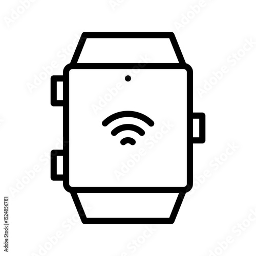 A modern, minimalist black outline smartwatch icon with signal waves. Represents wearable technology, connectivity, and personal smart devices. Ideal for tech/fitness apps.