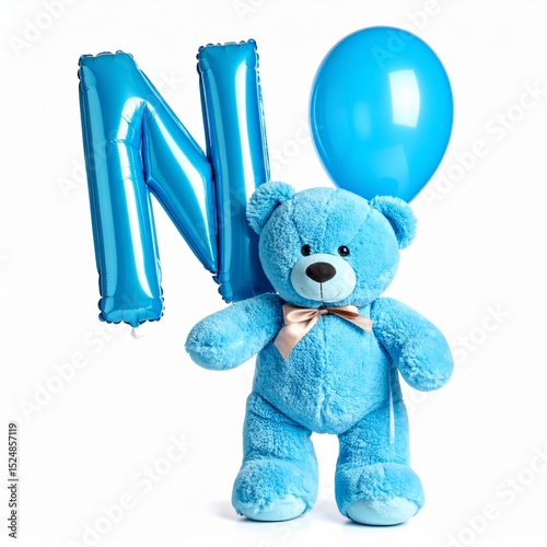 Cute blue teddy bear with balloon letter N. Baby name reveal after child birth. Stuffed animal isolated on white background
