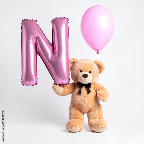 Cute pink teddy bear with balloon letter N. Baby name reveal after child birth. Stuffed animal isolated on white background