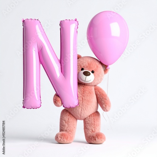 Cute pink teddy bear with balloon letter N. Baby name reveal after child birth. Stuffed animal isolated on white background