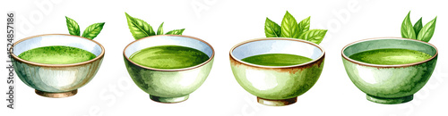 Watercolor matcha bowl and leaf Illustration PNG set Transparent background
