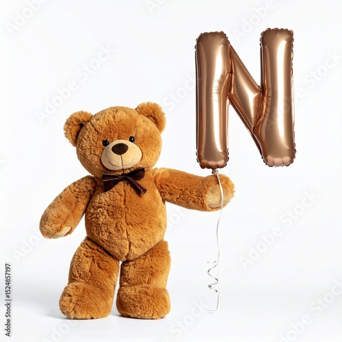 Cute brown teddy bear with balloon letter N. Baby name reveal after child birth. Stuffed animal isolated on white background