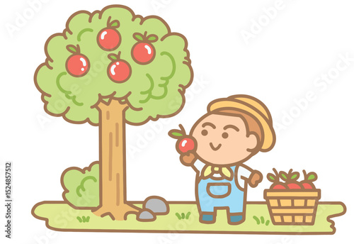 Little boy harvesting apple at the apple tree