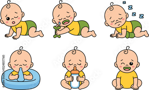 Cute baby cartoon illustrations various emotions crawling sleeping drinking playing smiling