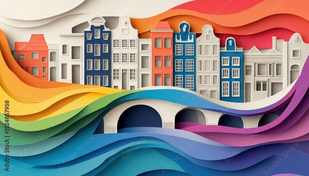 Fototapeta premium A horizontal illustration for Amsterdam Pride, showing a soft silhouette of Amsterdam's canals with narrow houses and arched bridges, and a single rainbow flag waving gently