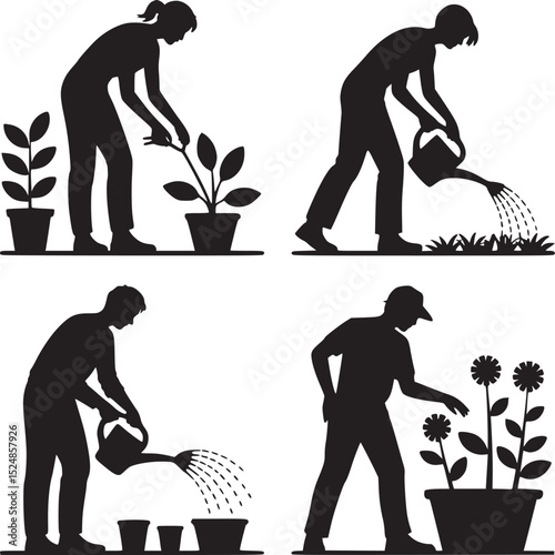 Four silhouettes showing different people gardening and watering plants in various positions and actions
