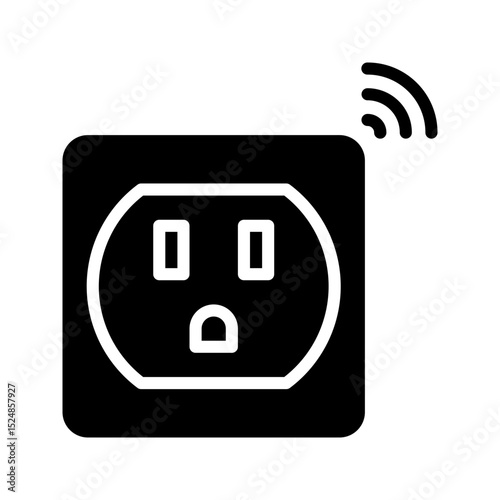 A modern, bold black glyph female electrical plug icon with signal waves. Represents smart power outlets, energy control, and connected devices for home automation. Ideal for energy apps.