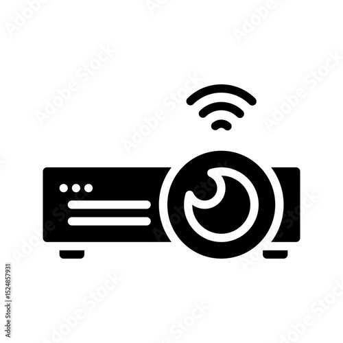 A modern, bold black glyph projector icon with signal waves. Represents smart entertainment, home theater, and connected media devices. Ideal for multimedia apps/websites.