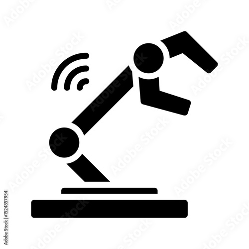 A modern, bold black glyph robotic arm icon with signal waves. Represents robotics, smart home automation, and advanced technology. Ideal for AI/robotics apps/websites.