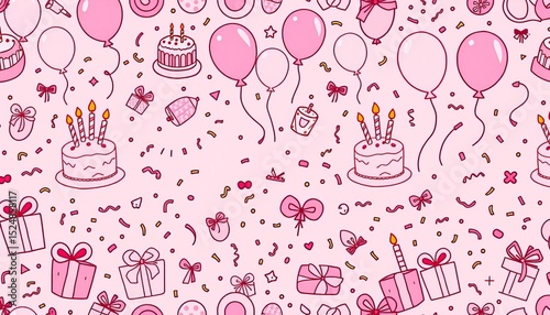 Pink birthday party doodle seamless pattern vector illustration featuring cake, balloons, gifts, confetti, and candles, pattern, wrapping paper