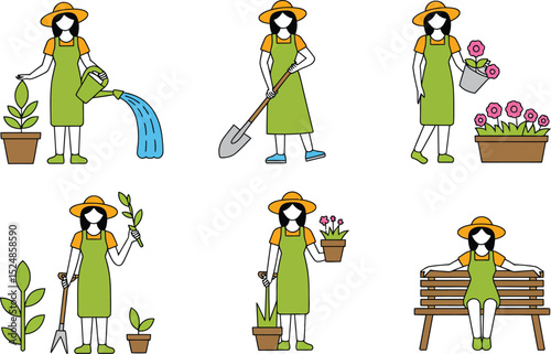 Woman gardener character set in different poses and gardening activities art