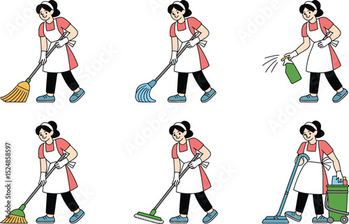 Cartoon housewife cleaning with various tools illustration set