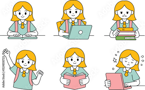 Cartoon schoolgirl with backpack studying reading and using technology set