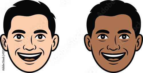 Cartoon faces of two smiling men with different skin tones