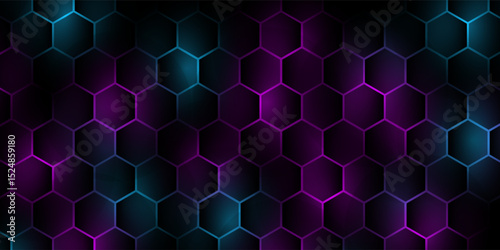 Dark hexagon abstract technology background with blue and pink colored bright flashes under hexagon. Hexagonal gaming vector abstract tech background.
