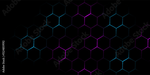 Dark hexagon abstract technology background with blue and pink colored bright flashes under hexagon. Hexagonal gaming vector abstract tech background.