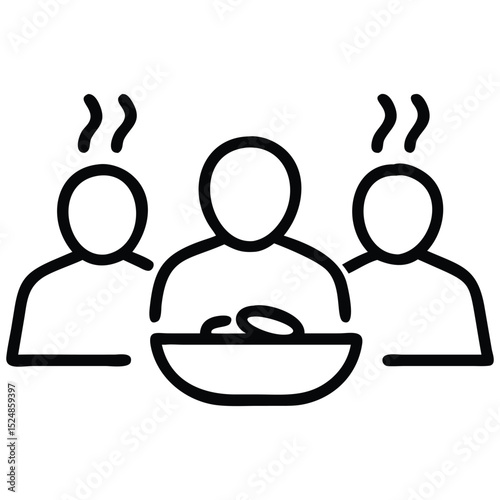 Group of People Sharing Hot Meal from Bowl, Linear Illustration Style