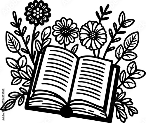 Floral bouquet growing from a stack of books. Black silhouette vector with a poetic, creative vibe. Great for authors, students, and designers.
