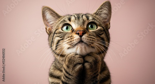 Close-up of a tabby cat, paws together, looking upward against a soft pink backdrop