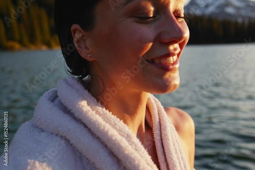 Shot ofnrise over calm lake with silhouette of person doing morning meditation.  Generative AI