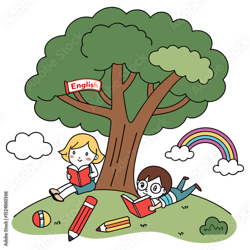 Children Reading Books Tree Rainbow Kids Education Library Outdoor Study Cute Learning Scene Vector Cartoon School Illustration