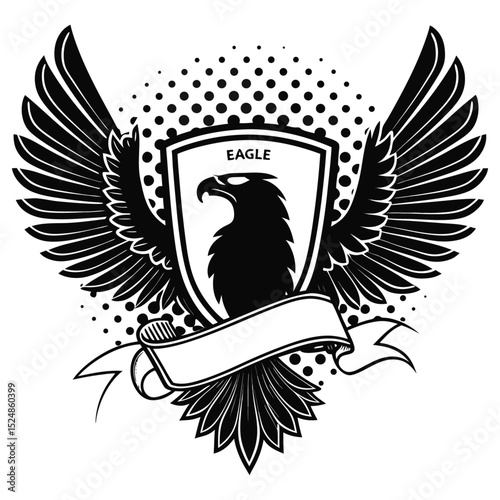 Eagle Shield Emblem Wings Banner Heraldic Logo Military Badge Security Symbol Crest Design Vector Black White Illustration
