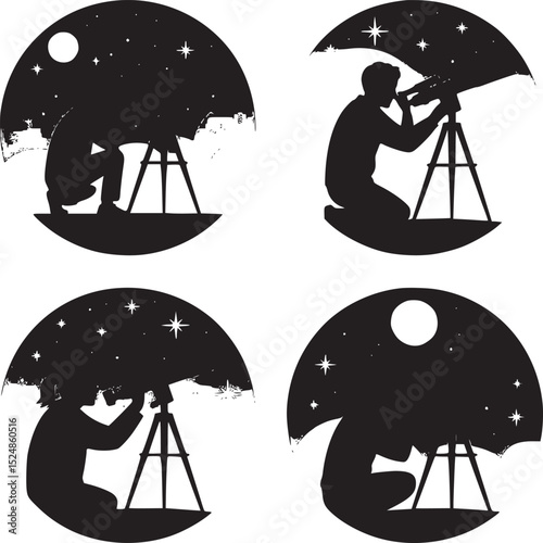 Four circular designs showcasing silhouettes of people using telescopes under starry skies and a moonlit sky