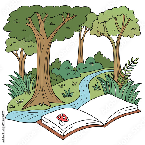 Open Book Nature Story Forest River Reading Adventure Educational Illustration Children Library Learning Art Fairy Tale Design